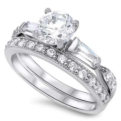 Clear CZ Solitaire Engagement Ring Set .925 Sterling Silver Band Size 5