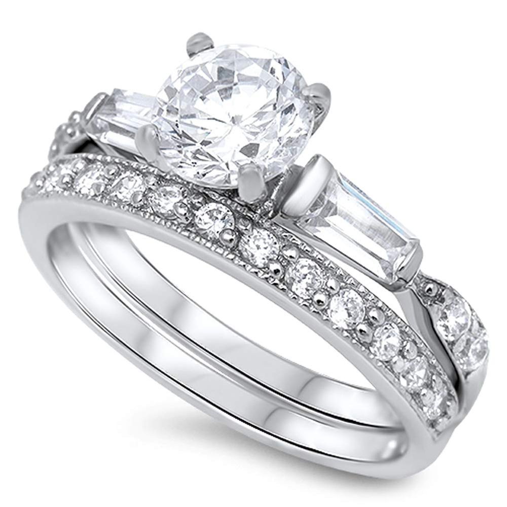 Clear CZ Solitaire Engagement Ring Set .925 Sterling Silver Band Size 5