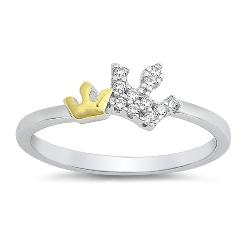 White CZ Yellow Gold-Tone Crown King's Ring .925 Sterling Silver Band Size 6