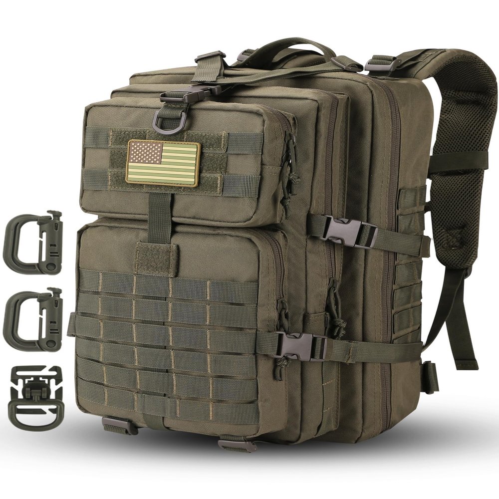 Hannibal Tactical MOLLE Assault Backpack, Tactical Backpack Military Army Camping Rucksack, 3-Day Pack Trip w/USA Flag Patch, D-Rings, Olive
