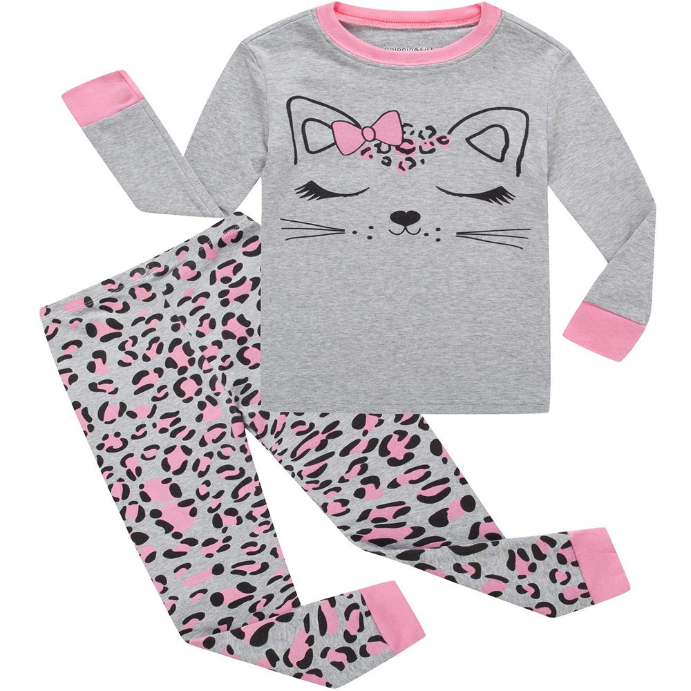 Dolphin&Fish Girls Pajamas Cat Little Kids Pjs 100% Cotton Toddler Clothes Children Sleepwear 24Months Grey