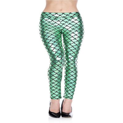 Music Legs Mermaid Print Shinny Leggings Green/Black