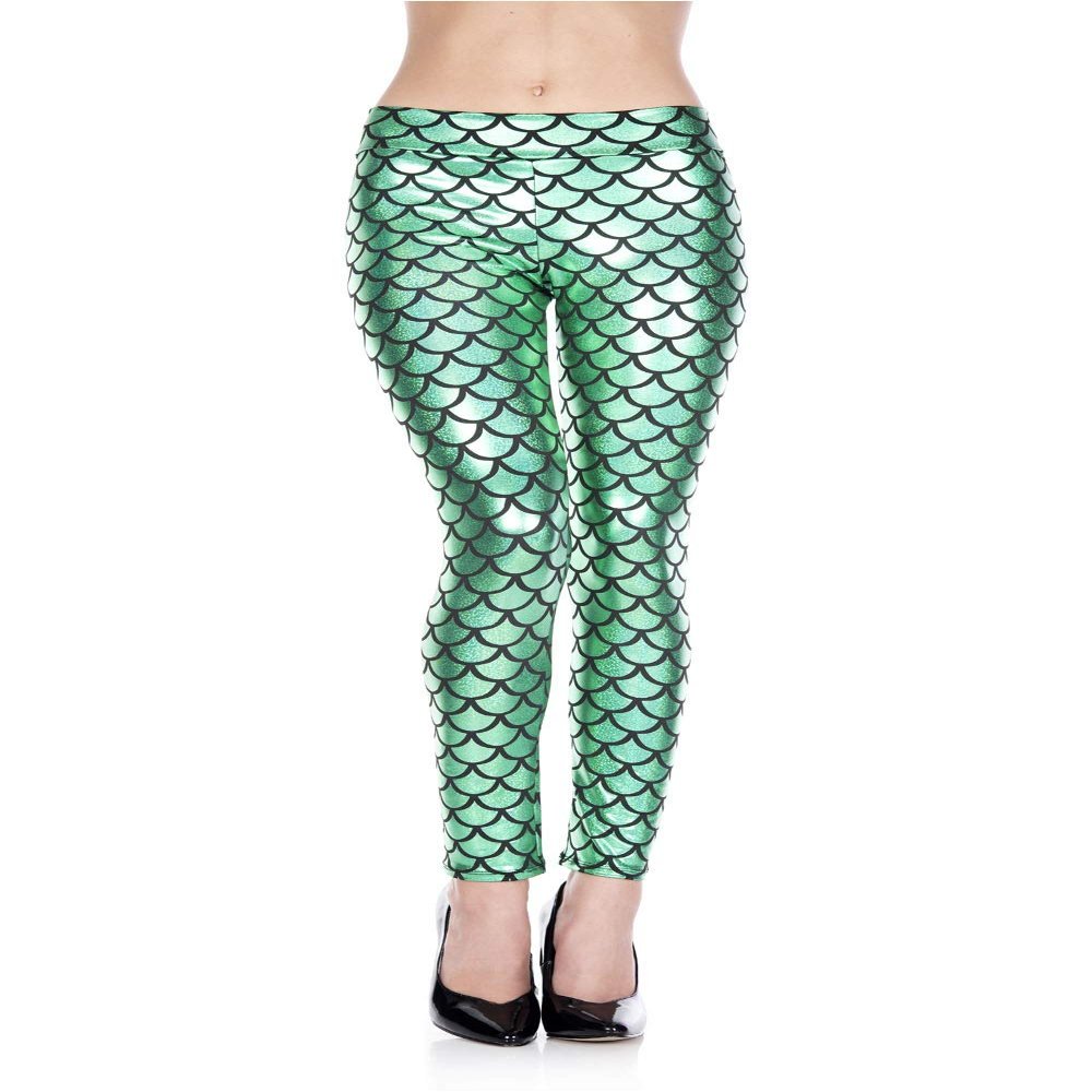 Music Legs Mermaid Print Shinny Leggings Green/Black