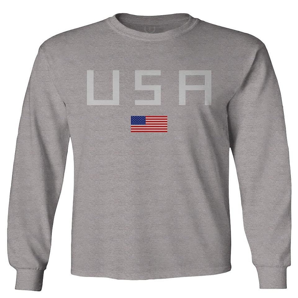 0065. USA American Flag United States of America Patriotic Military Style Men's Long Sleeve t Shirt (Light Gray X-Large)