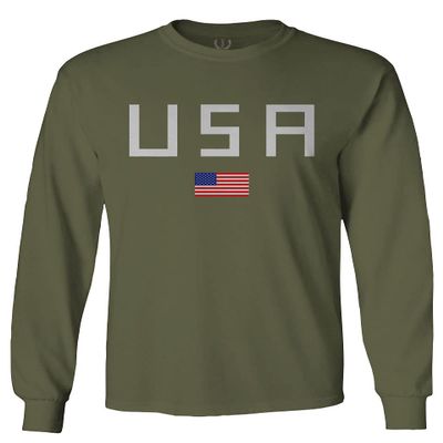0065. USA American Flag United States of America Patriotic Military Style Men's Long Sleeve t Shirt (Olive, X-Large)