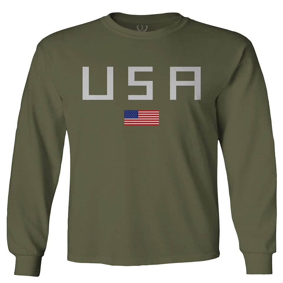 0065. USA American Flag United States of America Patriotic Military Style Men's Long Sleeve t Shirt (Olive, X-Large)