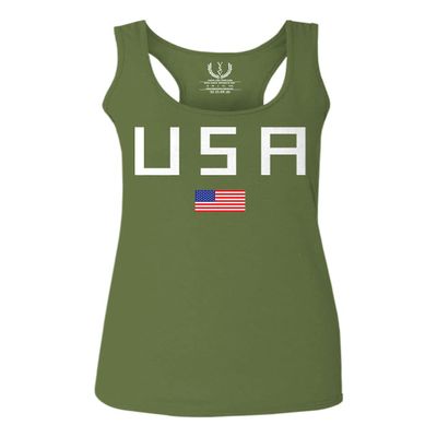 0065. USA American Flag United States of America Patriotic Military Style Women's Tank Top Racerback (Olive, Medium)