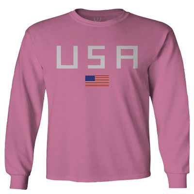 0065. USA American Flag United States of America Patriotic Military Style Men's Long Sleeve t Shirt (Pink 2X Large)