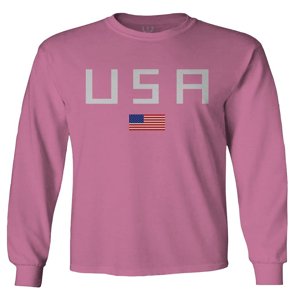 0065. USA American Flag United States of America Patriotic Military Style Men's Long Sleeve t Shirt (Pink Large)