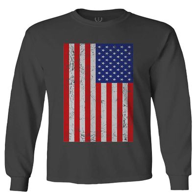 0073. Vintage u.s. American Flag United States of America USA Proud Patriotic Style Men's Long Sleeve t Shirt (Characol, 2X Large)
