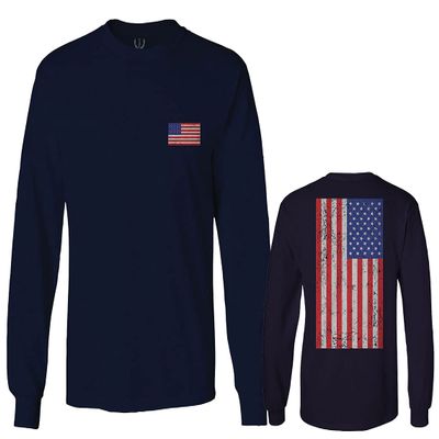 0072. Vintage American Flag United States Graphic USA 4th of July Memorial Military Patriotic Style Men's Long Sleeve t Shirt (Navy Blue, Small)