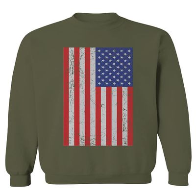 0073. Vintage u.s. American Flag United States of America USA Proud Patriotic Style Men's Crewneck Sweatshirt (Olive, Small)