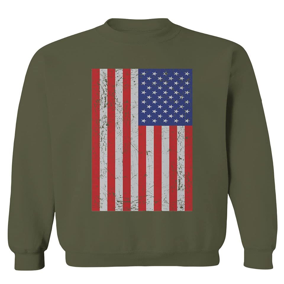 0073. Vintage u.s. American Flag United States of America USA Proud Patriotic Style Men's Crewneck Sweatshirt (Olive, Small)