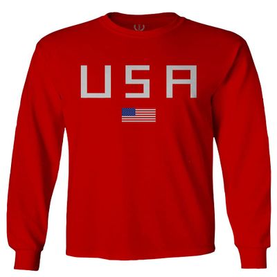 0065. USA American Flag United States of America Patriotic Military Style Men's Long Sleeve t Shirt (Red, X-Large)