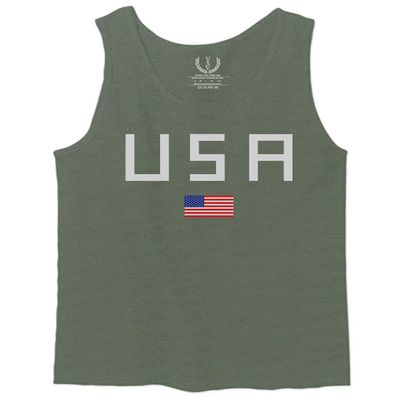0065. USA American Flag United States of America Patriotic Military Style Men's Fitted Tank Top (Olive, Small)