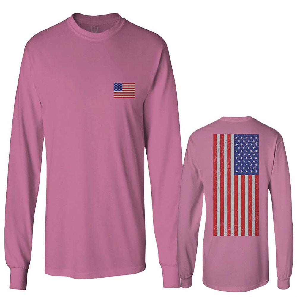 0072. Vintage American Flag United States Graphic USA 4th of July Memorial Military Patriotic Style Men's Long Sleeve t Shirt (Pink X-Large)