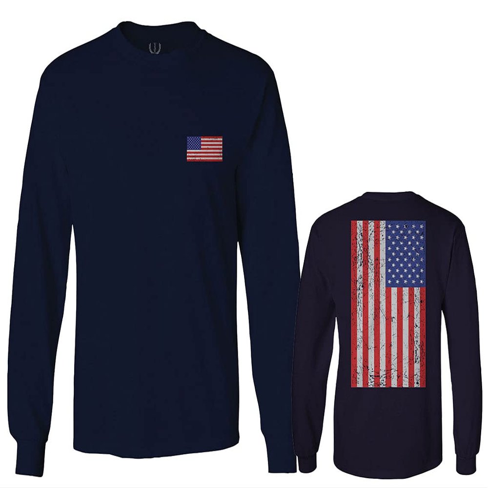 0072. Vintage American Flag United States Graphic USA 4th of July Memorial Military Patriotic Style Men's Long Sleeve t Shirt (Navy Blue, X-Large)