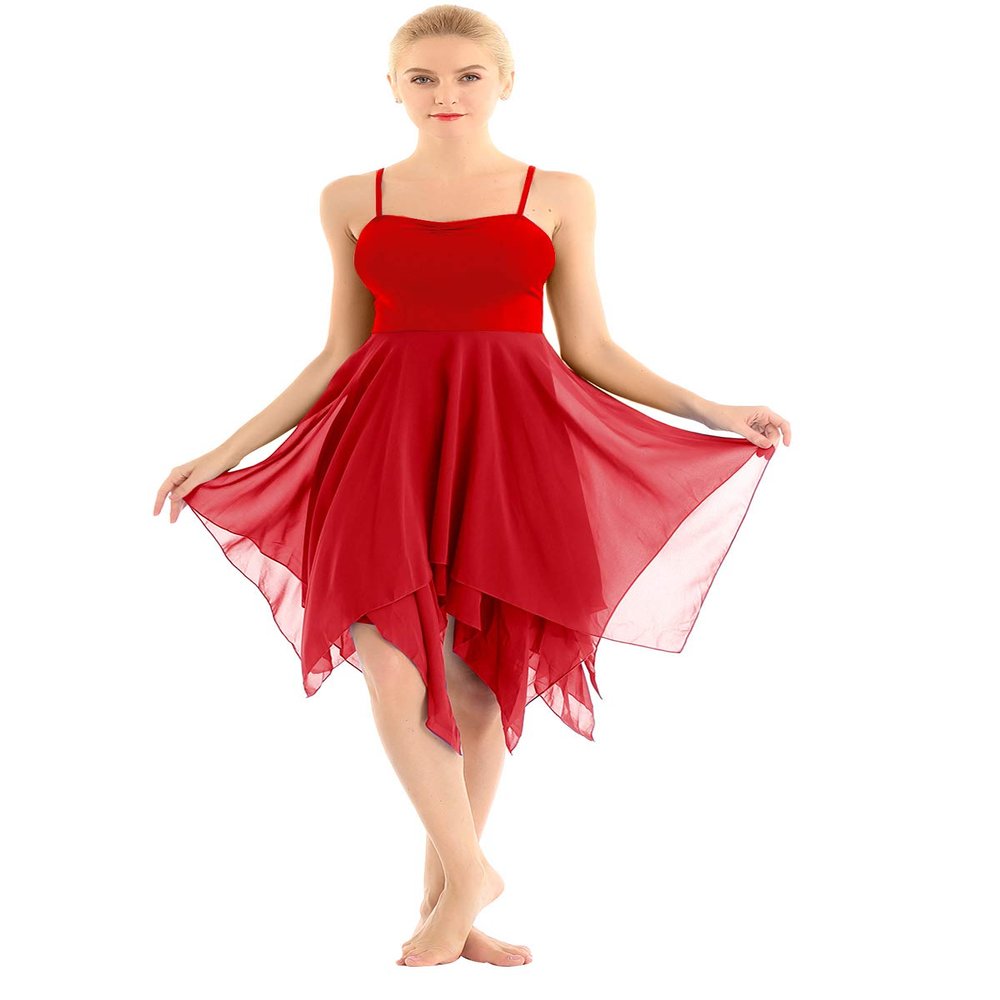 Agoky Women's Lyrical Dance Costume Spaghetti Straps Chiffon Asymmetric High-Low Modern Dress Red Small
