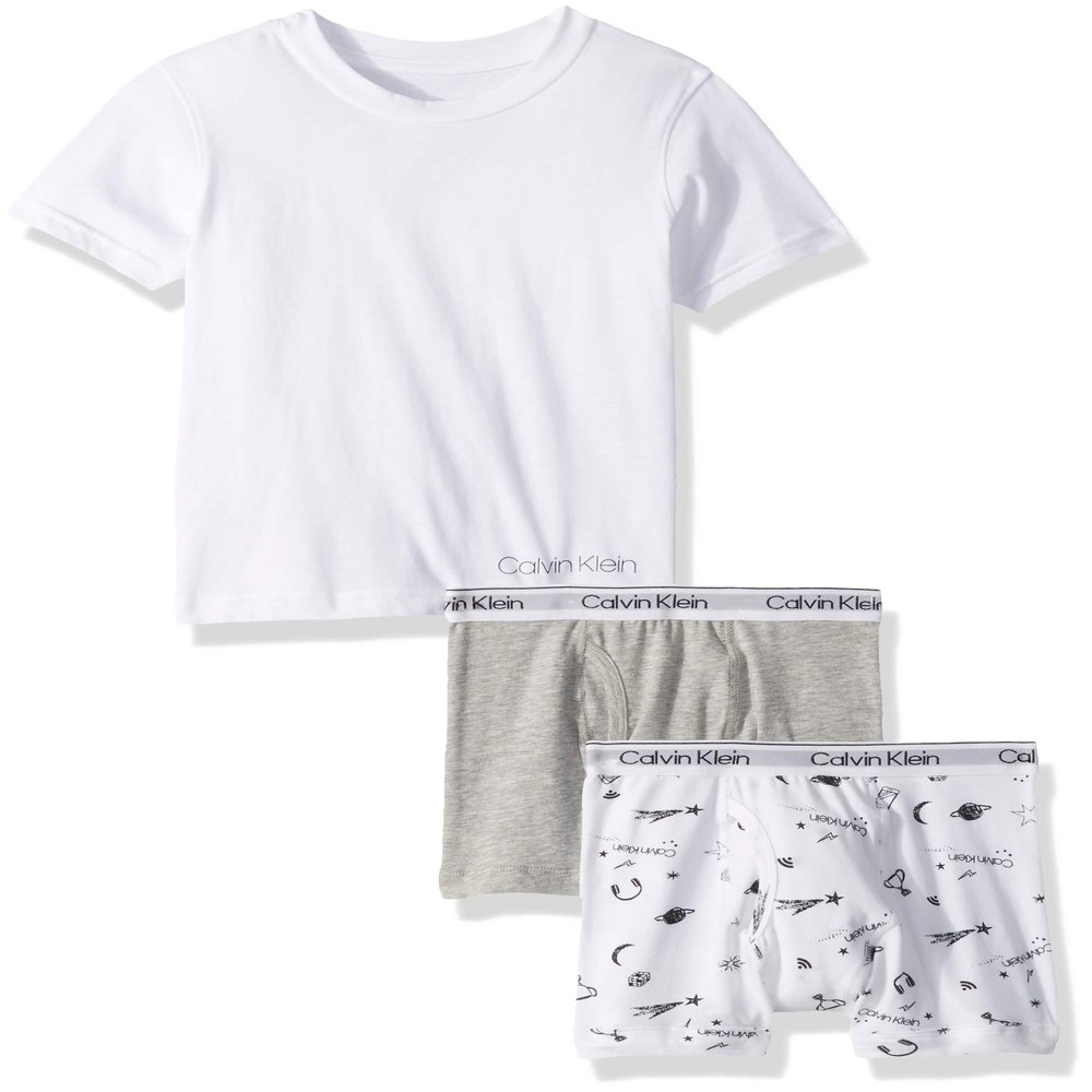 Calvin Klein Kids Boys' T-Shirt and Boxer Brief Bundle 3-piece Set, Ck Statement White/Heather Gray/Classic White, X-Large