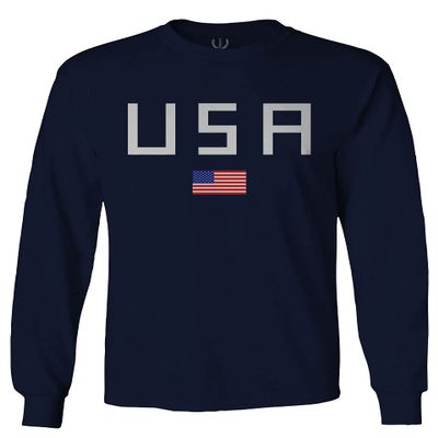 0065. USA American Flag United States of America Patriotic Military Style Men's Long Sleeve t Shirt (Navy Blue, Small)