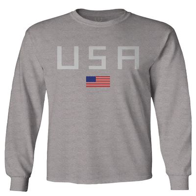 0065. USA American Flag United States of America Patriotic Military Style Men's Long Sleeve t Shirt (Light Gray Large)