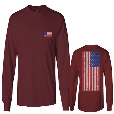 0072. Vintage American Flag United States Graphic USA 4th of July Memorial Military Patriotic Style Men's Long Sleeve t Shirt (Maroon X-Large)