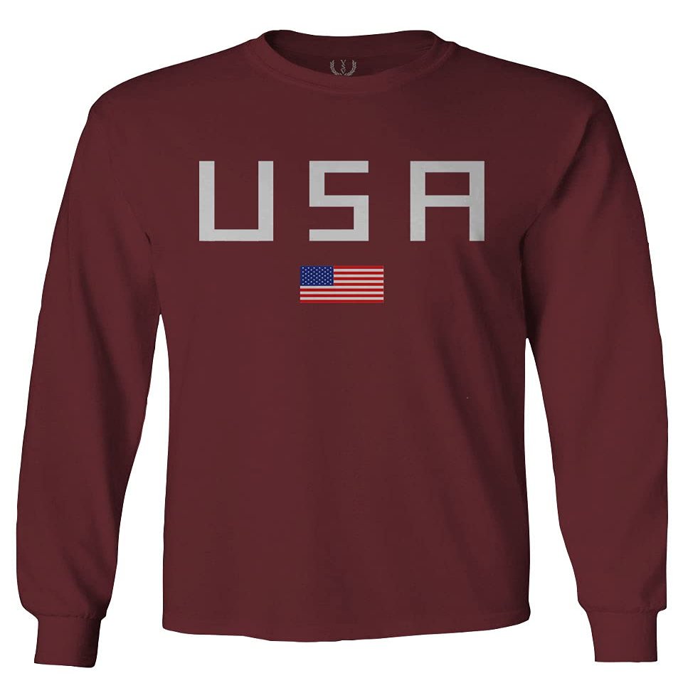 0065. USA American Flag United States of America Patriotic Military Style Men's Long Sleeve t Shirt (Maroon Large)