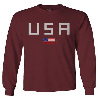 0065. USA American Flag United States of America Patriotic Military Style Men's Long Sleeve t Shirt (Maroon X-Large)