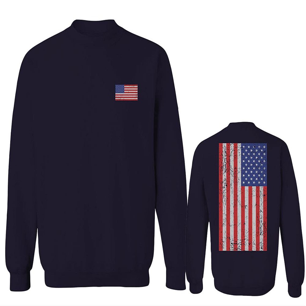 0072. Vintage American Flag United States Graphic USA 4th of July Memorial Military Patriotic Style Men's Crewneck Sweatshirt (Navy Medium)