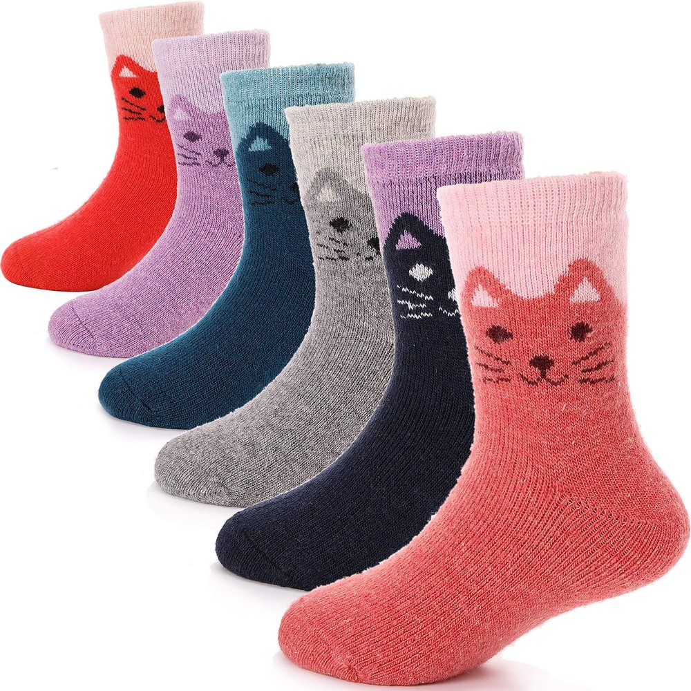 ANTSANG Kids Merino Wool Hiking Socks Toddlers Boys Girls Winter Warm Thick Thermal Crew Boot Heavy Cozy Snow Cabin Gift Snowboarding Socks 6 Pairs for Child(Cat,1-3Y)