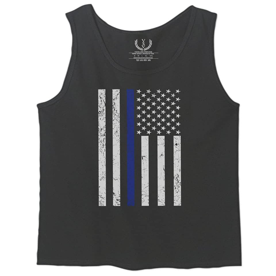0075. Big Flag USA American Police Support Blue Lives Matter Thin Line Patriotic Style Men's Tank Top (Charcoal, X-Large)