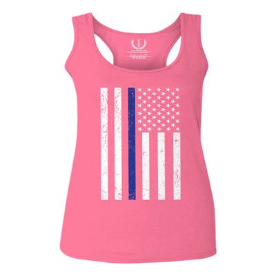 0075. Big Flag USA American Police Support Blue Lives Matter Thin Line Patriotic Style Women's Tank Top Racerback (Pink Large)