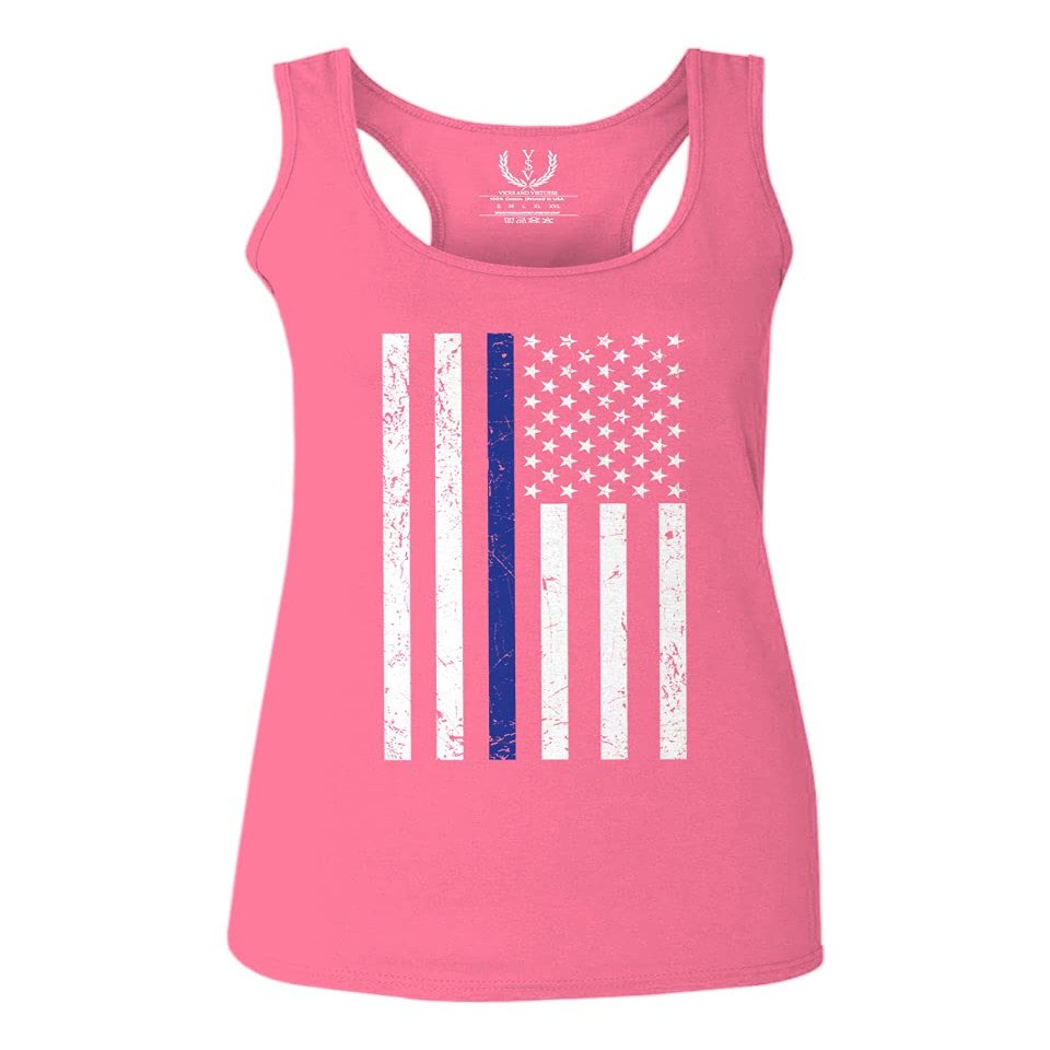 0075. Big Flag USA American Police Support Blue Lives Matter Thin Line Patriotic Style Women's Tank Top Racerback (Pink Large)