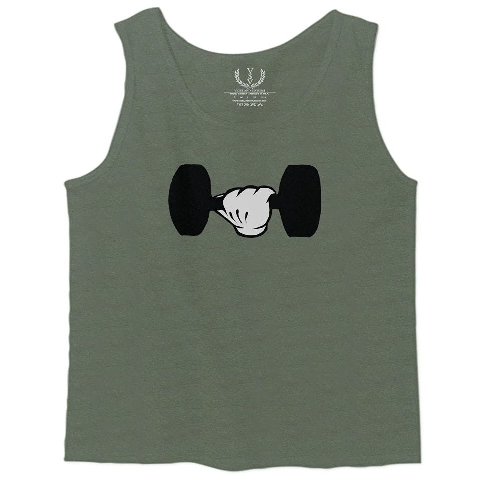 0079. Workout weigthLifting Fitness Cartoon Glove Dumbells Gym Lifting Lift Graphic Men's Fitted Tank Top (Olive, X-Large)