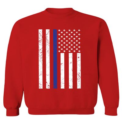 0075. Big Flag USA American Police Support Blue Lives Matter Thin Line Patriotic Style Men's Crewneck Sweatshirt (Red, X-Large)