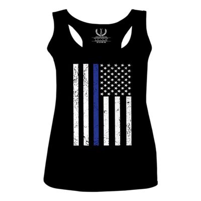 0075. Big Flag USA American Police Support Blue Lives Matter Thin Line Patriotic Style Women's Tank Top Racerback (Black, Large)