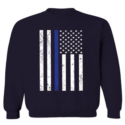 0075. Big Flag USA American Police Support Blue Lives Matter Thin Line Patriotic Style Men's Crewneck Sweatshirt (Navy Small)