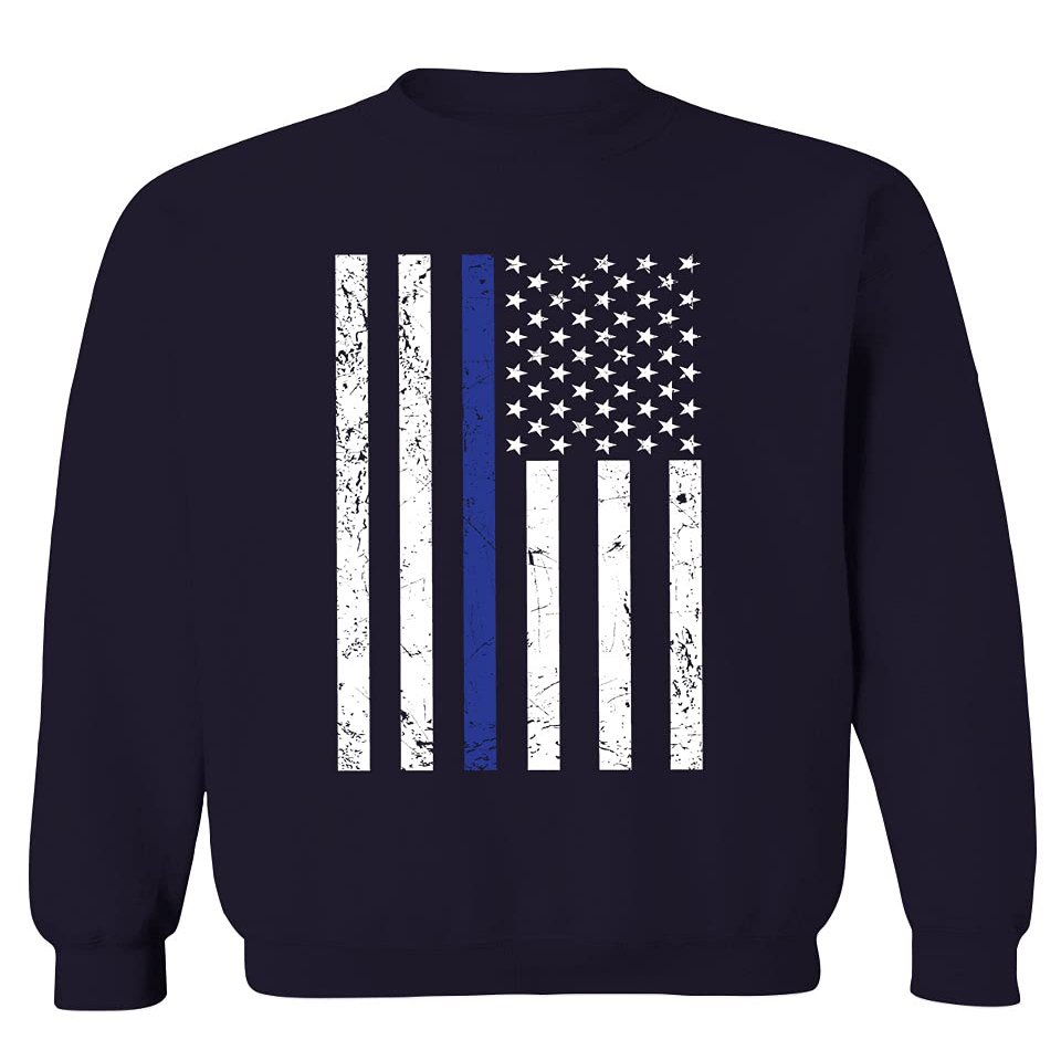 0075. Big Flag USA American Police Support Blue Lives Matter Thin Line Patriotic Style Men's Crewneck Sweatshirt (Navy Small)