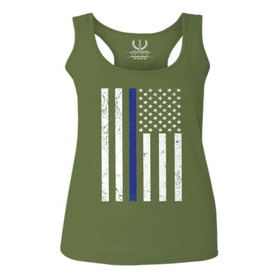 0075. Big Flag USA American Police Support Blue Lives Matter Thin Line Patriotic Style Women's Tank Top Racerback (Olive, Medium)