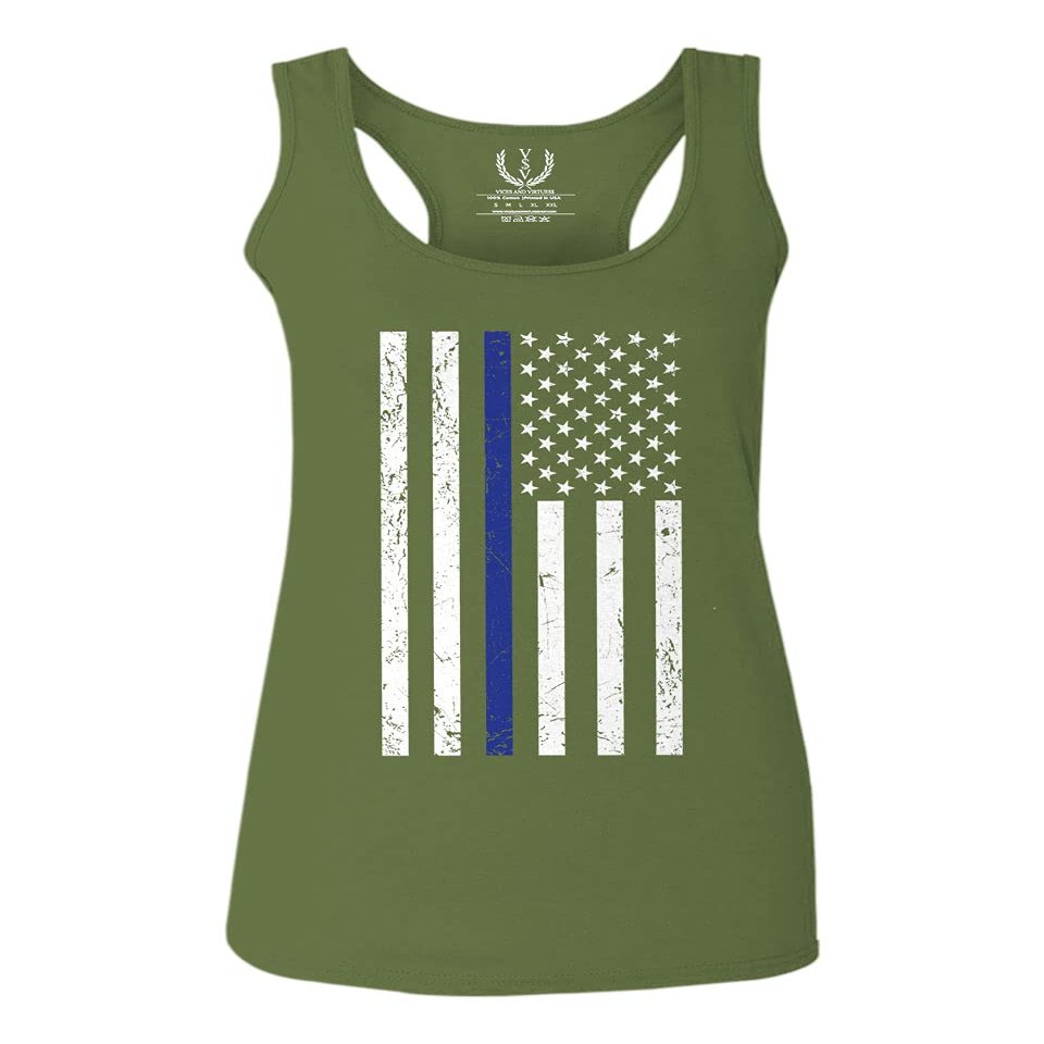 0075. Big Flag USA American Police Support Blue Lives Matter Thin Line Patriotic Style Women's Tank Top Racerback (Olive, Medium)