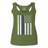 0075. Big Flag USA American Police Support Blue Lives Matter Thin Line Patriotic Style Women's Tank Top Racerback (Olive, Medium)