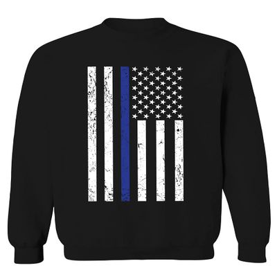 0075. Big Flag USA American Police Support Blue Lives Matter Thin Line Patriotic Style Men's Crewneck Sweatshirt (Black Small)