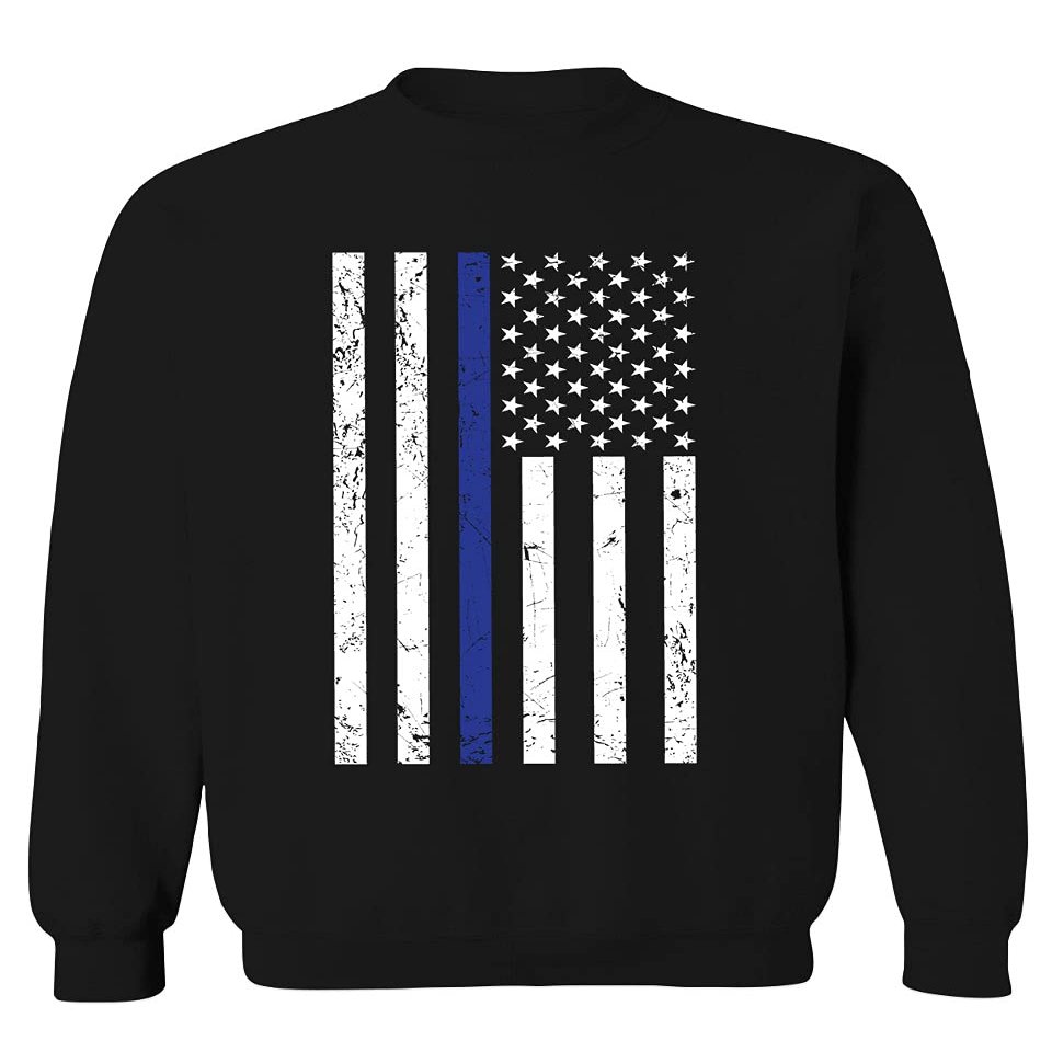 0075. Big Flag USA American Police Support Blue Lives Matter Thin Line Patriotic Style Men's Crewneck Sweatshirt (Black Small)
