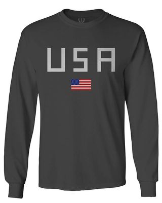 0065. USA American Flag United States of America Patriotic Military Style Men's Long Sleeve t Shirt (Characol, 2X Large)