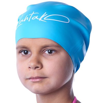 Kids Swim Cap for Long Hair - Comfortable Fit Silicone Swimming Hat for Girls & Boys with Curly Hair, Braids, or Dreadlocks - Durable & Easy to Wear (Aqua Blue M)