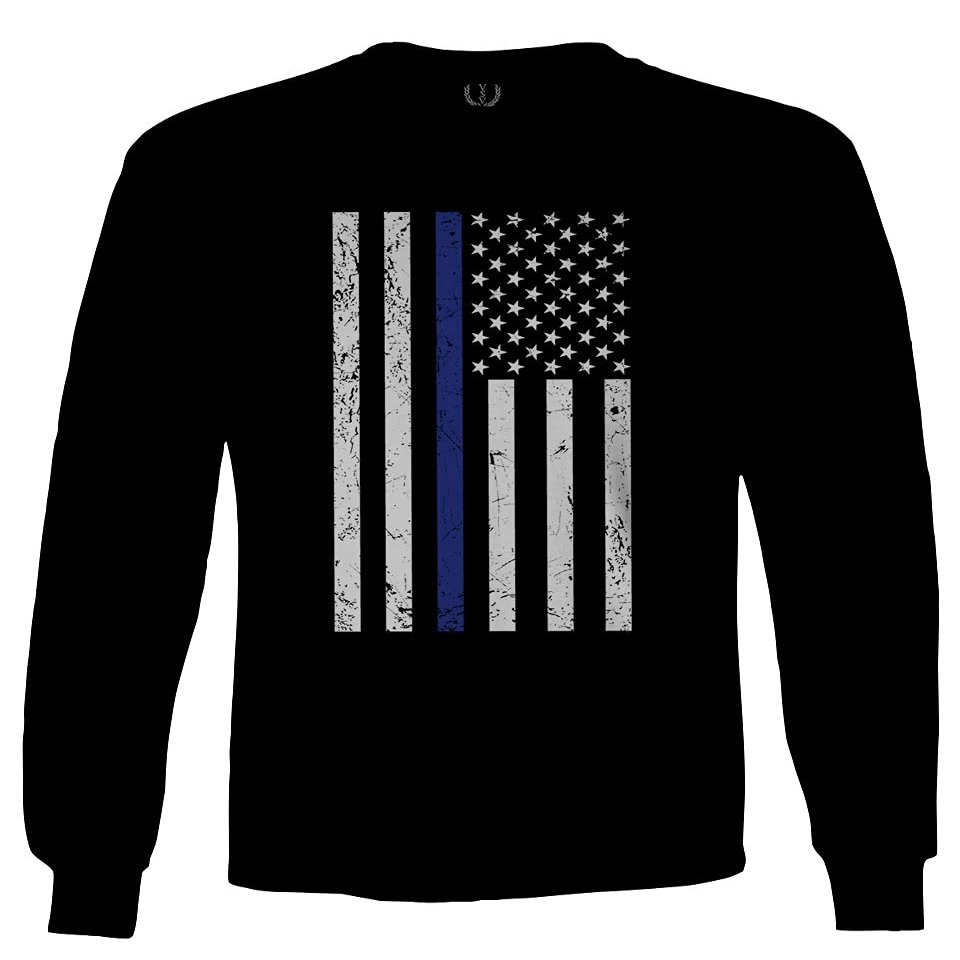 0075. Big Flag USA American Police Support Blue Lives Matter Thin Line Patriotic Style Men's Long Sleeve t Shirt (Black, 2X Large)