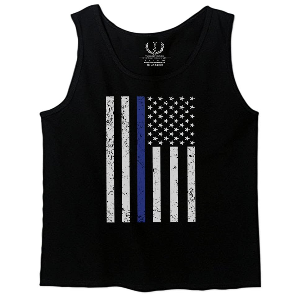 0075. Big Flag USA American Police Support Blue Lives Matter Thin Line Patriotic Style Men's Tank Top (Black, Small)