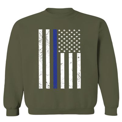 0075. Big Flag USA American Police Support Blue Lives Matter Thin Line Patriotic Style Men's Crewneck Sweatshirt (Olive Large)