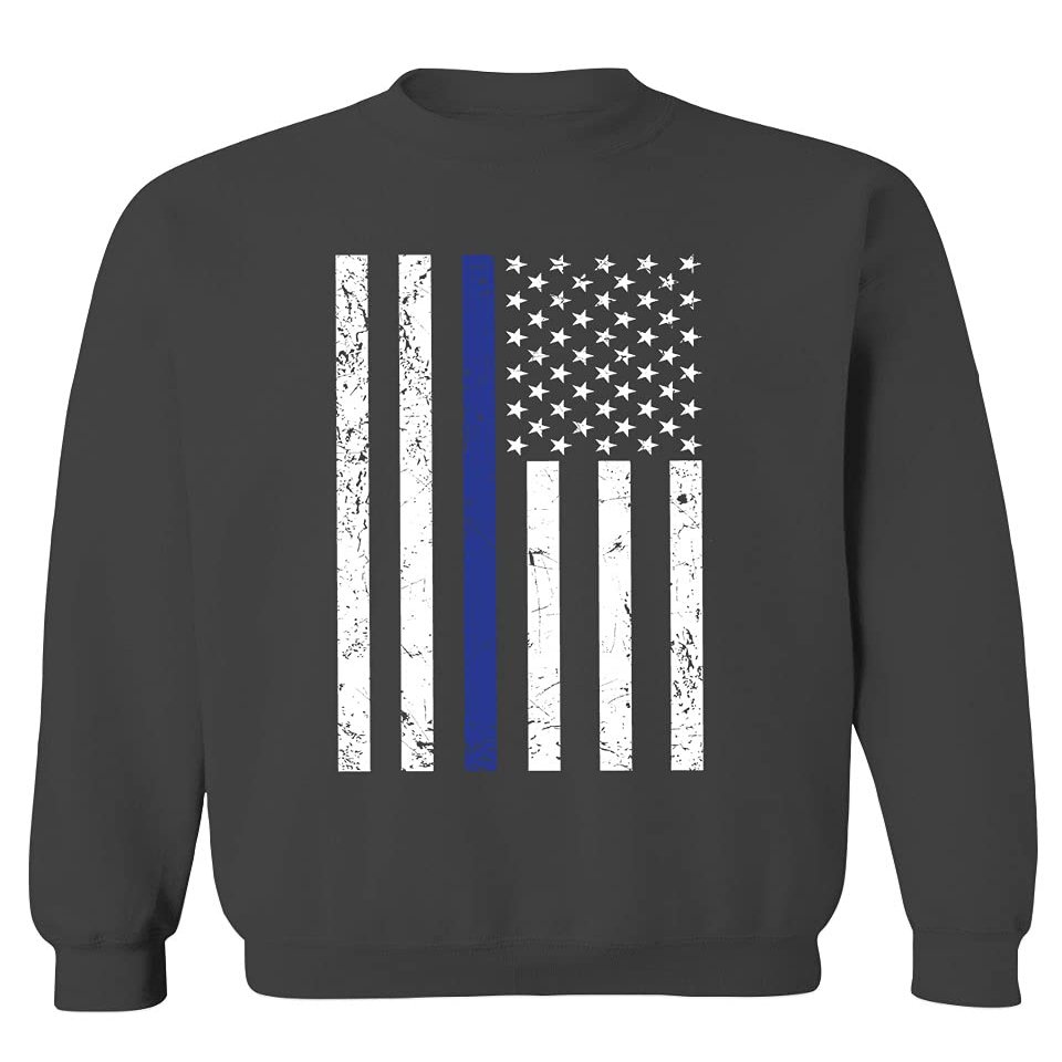 0075. Big Flag USA American Police Support Blue Lives Matter Thin Line Patriotic Style Men's Crewneck Sweatshirt (Characol Large)