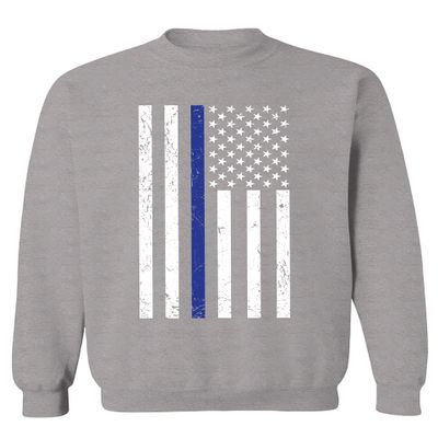 0075. Big Flag USA American Police Support Blue Lives Matter Thin Line Patriotic Style Men's Crewneck Sweatshirt (Light Gray Medium)